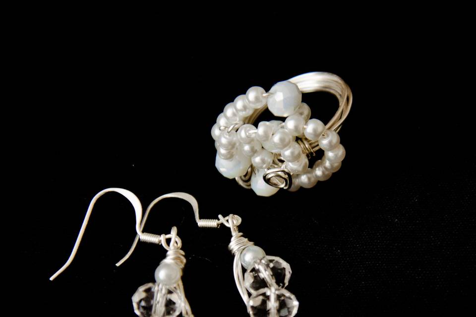 Ring/Earring Set designed and created by Mystic Angel Creations. Materials used: artisan grade, nontarnishable wire, glass pearls and crystals