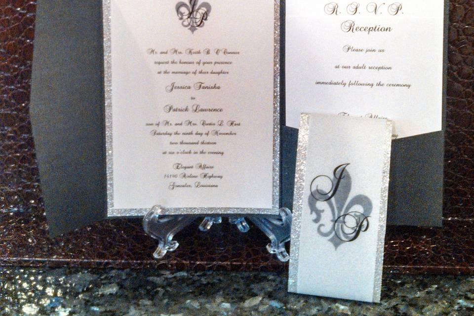 Metallic Black Pocketfold wedding invitation (inside) with glitter backing card stock and insert cards printed on white shimmer card stock