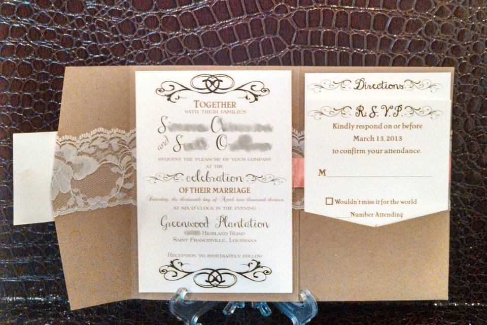 Vintage Kraft Ribbon and Lace Pocketfold Wedding Invitation