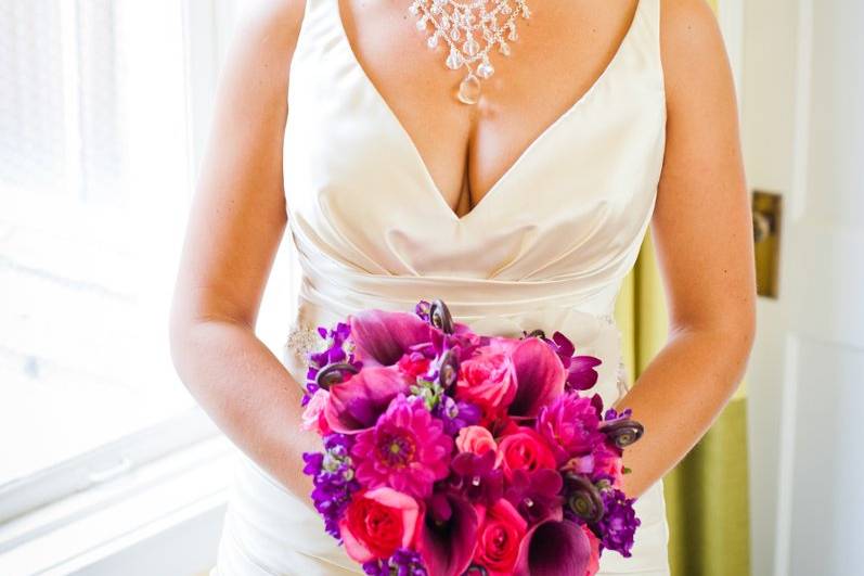 Purple & Magenta Summer Bridal Bouquet (dahlias, roses, calla lilies, stock, fern curls)