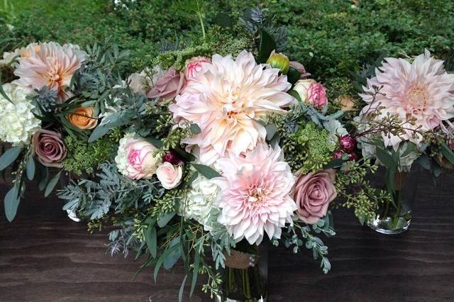 Purple & Magenta Summer Bridal Bouquet (dahlias, roses, calla lilies, stock, fern curls)