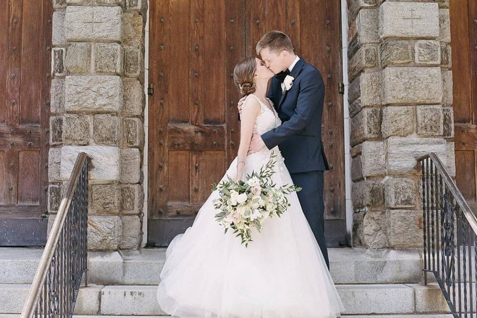 Bride and groom with bouquet