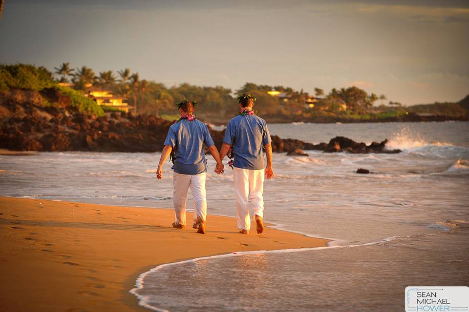 Couple leisurely walk hand in hand​