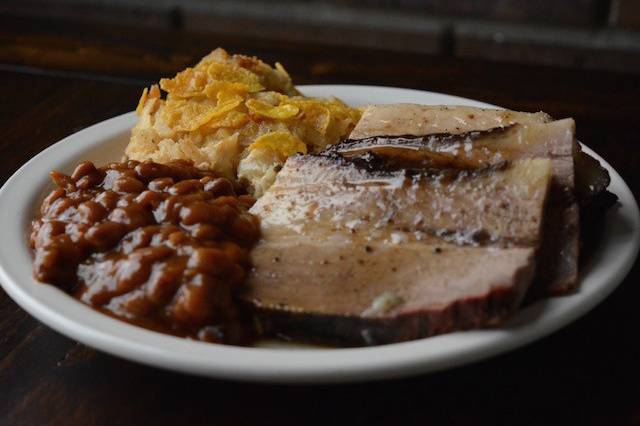 Barbque smoked brisket cheesy hashbrowns and baked beans