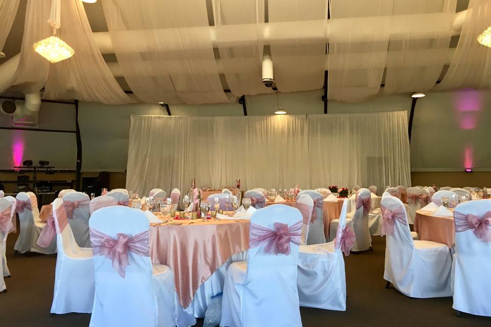 Mauve overlays with satin white tablecloths