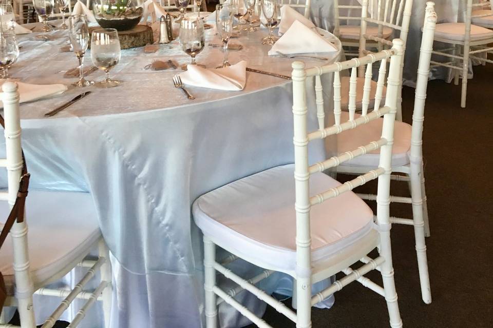 Baby blue overlay with satin white tablecloths