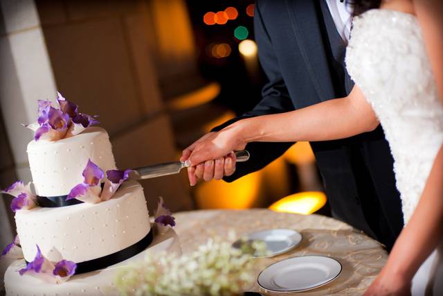 Couple cutting cake