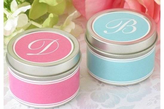 Round Tin Favors with Color Side Label and Monogram Top Label - available in many different color combinations
