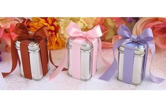 Square Favor Tin wrapped on all 4 sides with satin ribbon