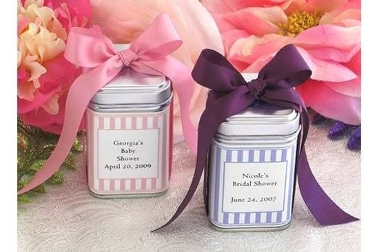 square favor tin with striped side labels and ribbon