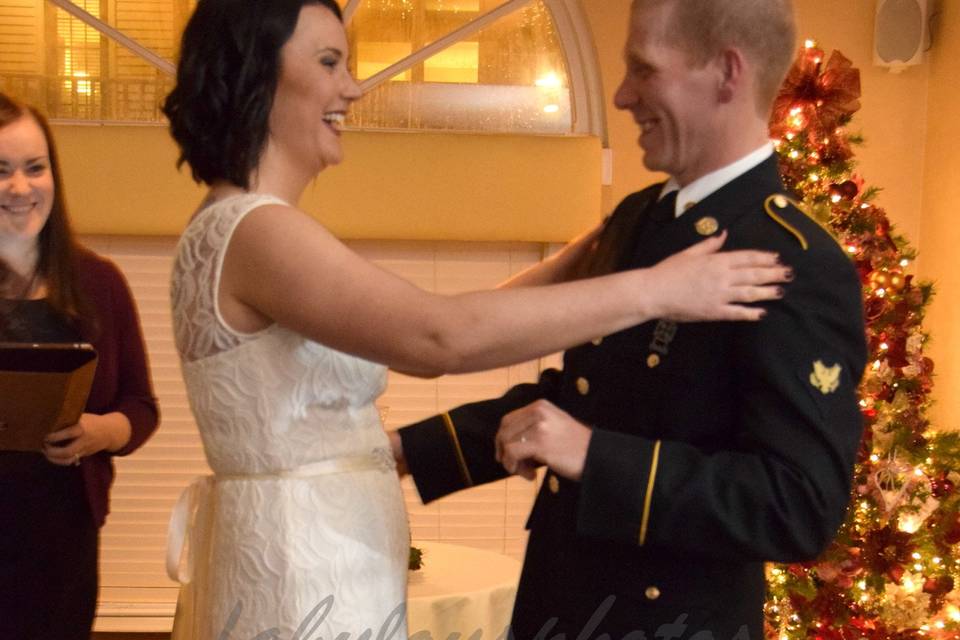 Casey & Alexis go in for the kiss at their Christmas wedding at Danfords*Photo courtesy of Fabulous Photos