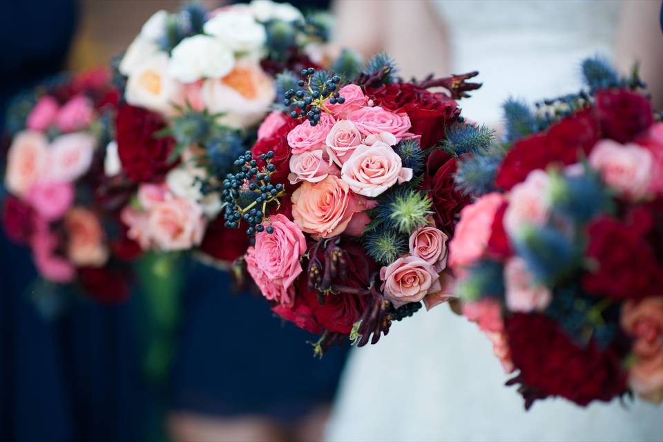 Soft yellow, orange and peach bouquets.