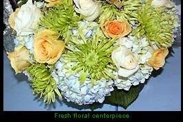 Wedding centerpiece of hydrangea, roses, and Fuji mums.
