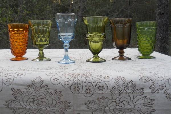 mismatched colorful vintage glassware