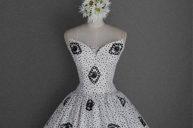 Strapless Cotton Tea Length 50's Vintage Style Dress With Dropped Waist & Tulle Ribbon Embroidery on Tiny Polka Dot Motif.