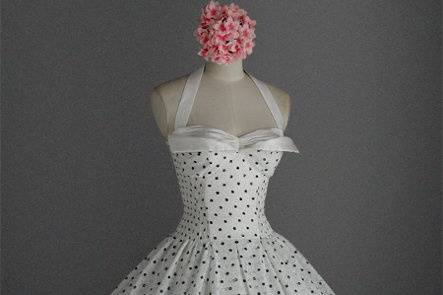 Strapless Polka Dot Lace Tea Length 50's Vintage Style Dress With Applied Lace Scalloped Edge and Silk at Wing Bust Detail