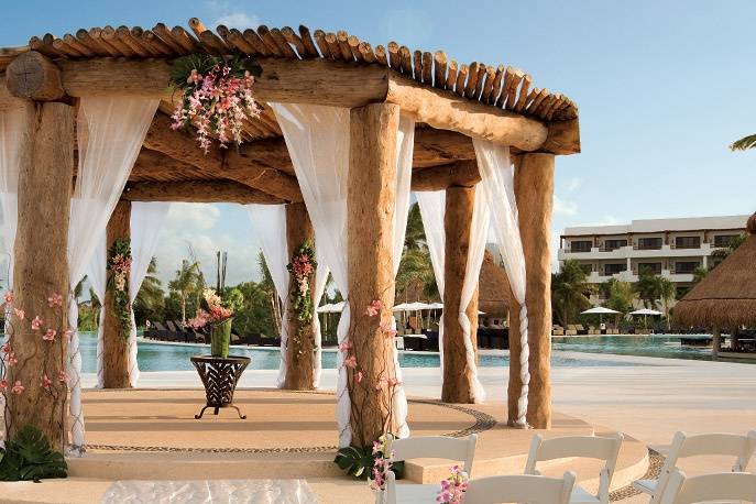 Wood gazebo/pool venue.
