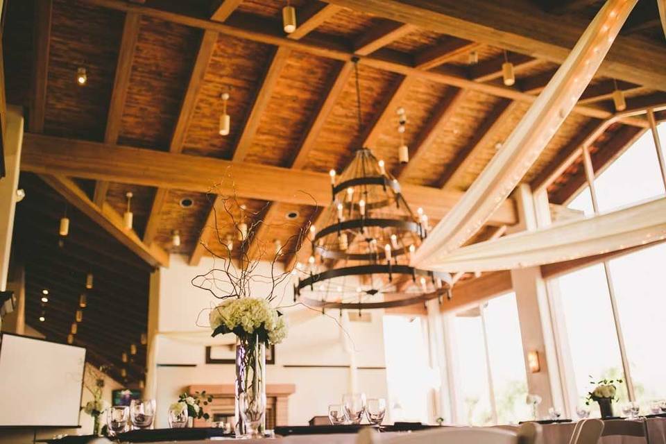 Chandeliers and wooden ceilings