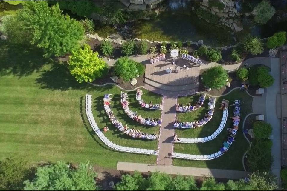 Overhead view of waterfall terrace wedding setup