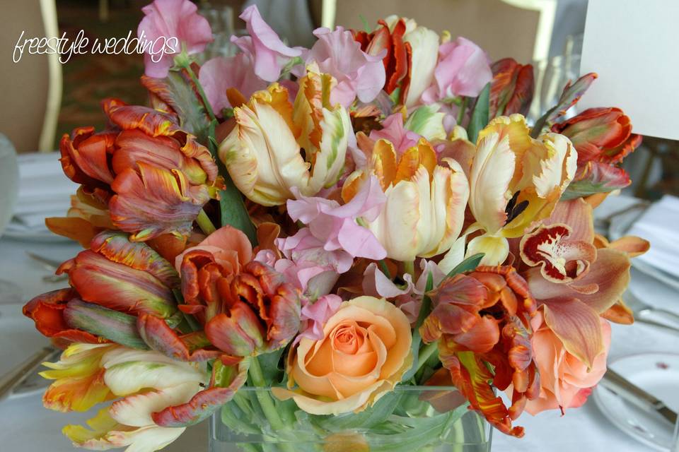 Parrot Tulips, Sweet pea and Roses