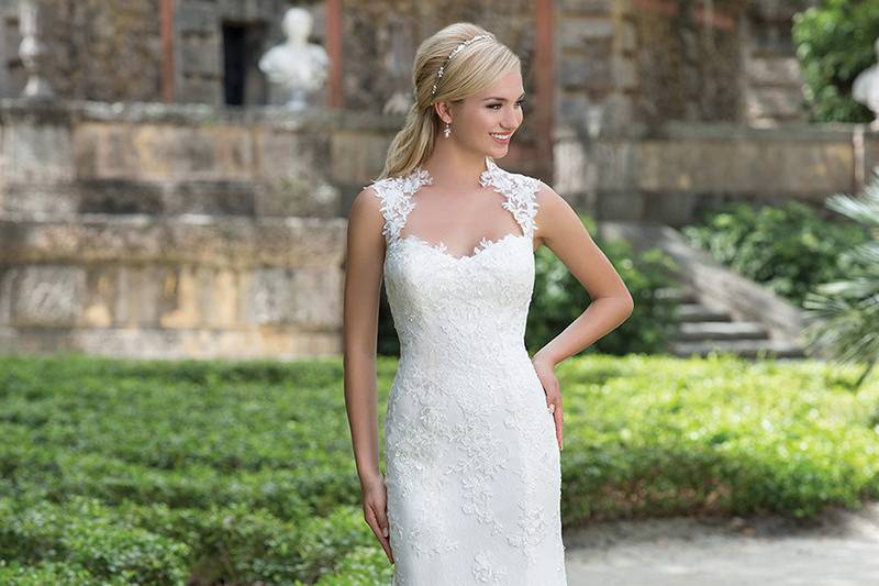 Style 3885 <br> A Queen Anne neckline accents this point d'esprit and intricate lace straight gown. Finished hem lace and stretch Jersey complete this princess look.