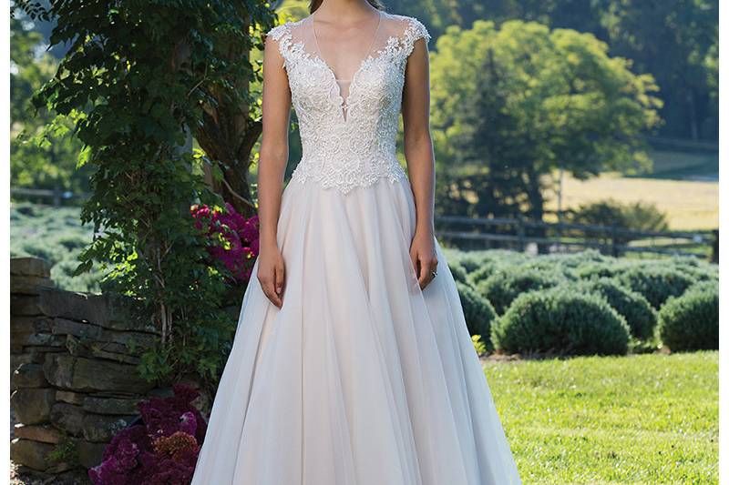 Style 3975	<br>	Illusion V-Neck Gown with Corded Lace Cap Sleeves