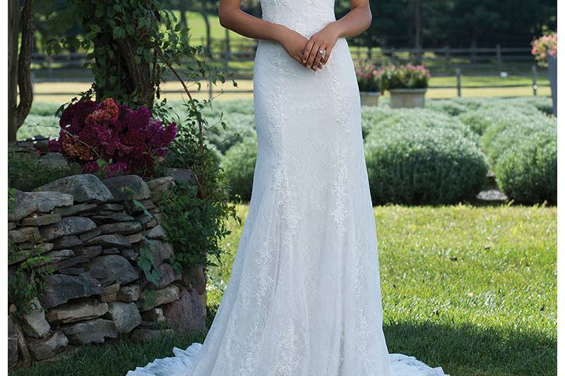 Style 3980	<br>	Lace Fit and Flare Gown with Spaghetti Straps and Deep V-Back