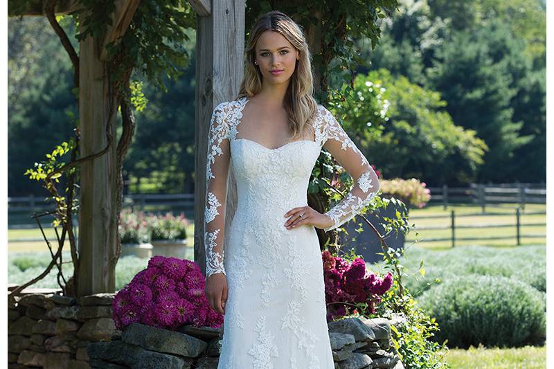 Style 3981	<br>	Fit and Flare Gown with Lace Sleeves and Triple Keyhole Back