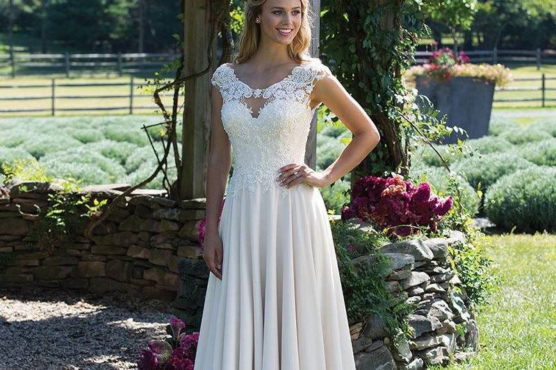 Style 3983	<br>	Embroidered Lace Applique Dress with Cap Sleeves and Scoop Neckline