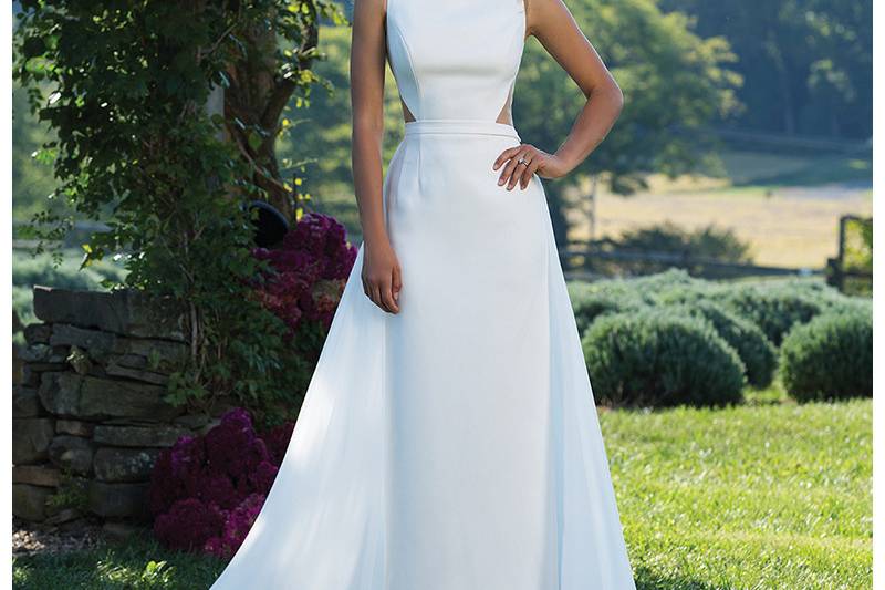 Style 3984	<br>	Crepe Column Dress with Illusion Cut Outs and Detachable Chiffon Train