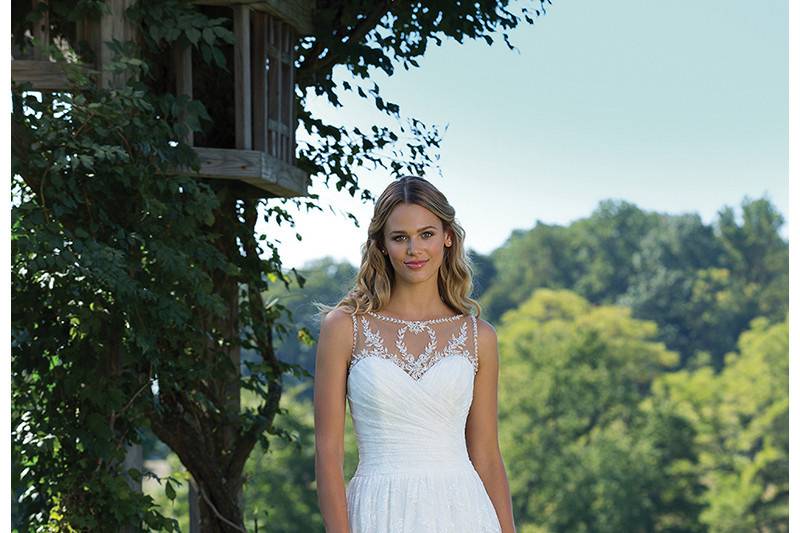 Style 3990	<br>	Chantilly Lace Ball Gown with Pearl-Trimmed Double Keyhole Back