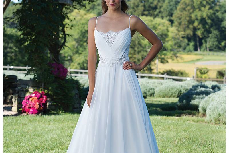 Style 3991	<br>	Chiffon and Chantilly Lace Gown with Cut Outs and Spaghetti Straps