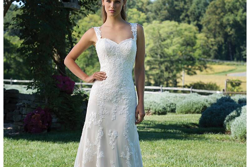 Style 3973	<br>	Romantic Fit and Flare Gown with Sequined Lace Appliques