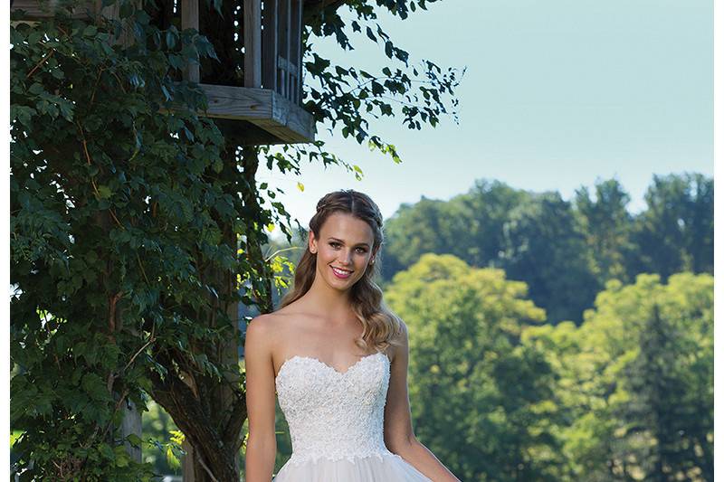Style 3974	<br>	Beaded Lace and Handkerchief Tulle Ball Gown with Sweetheart Neckline