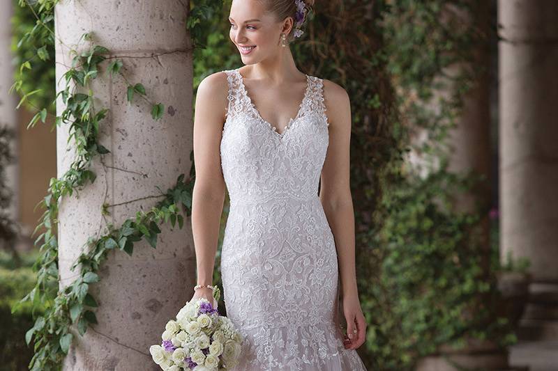 Sincerity Bridal	4033	<br>	Your day will be complete in this lace and tulle fit and flare gown. Embroidered lace covers the illusion straps past the hip of the gown. A kissing keyhole back completes the look with button closure.