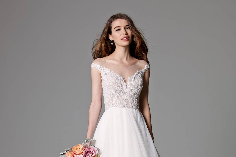 Style 8090B Willamina <br> This strapless, beaded gown with a drop waist is what dreams are made of, featuring a sweetheart neckline, custom beading on the bodice and an ethereal Soft Net and Tulle skirt. Sweep Train.