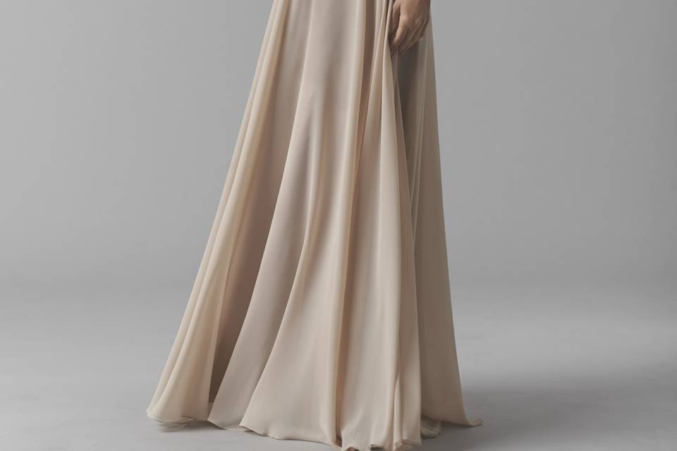 Style 8540I Mackenzie <br> A Crinkle Chiffon column dress with a twisted bodice and empire waist.