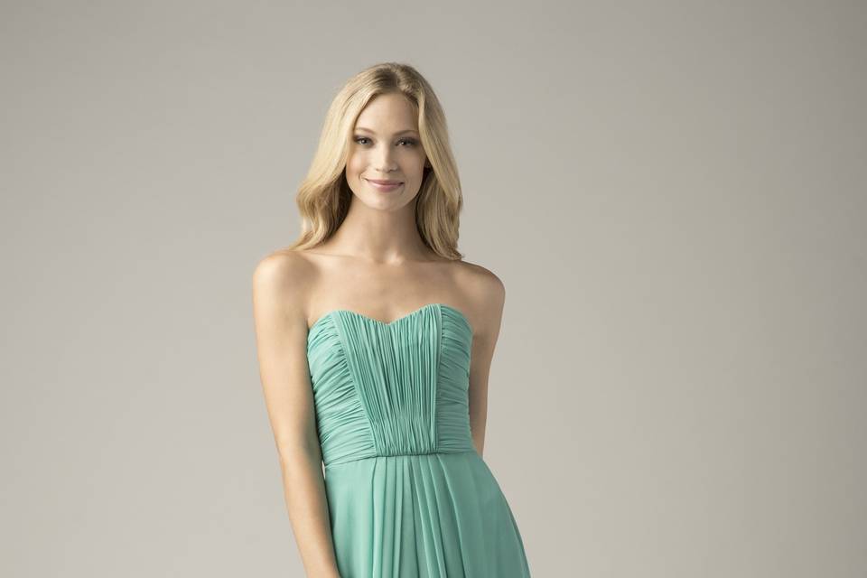 Style Wtoo 801 <br> Chiffon one-shoulder dress with shirred bodice featuring front key-hole and slim skirt.