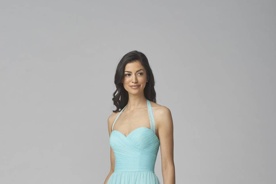 Style Wtoo 904 <br> Chiffon strapless sweetheart neckline with a criss-cross shirred bodice and a full a-line skirt.