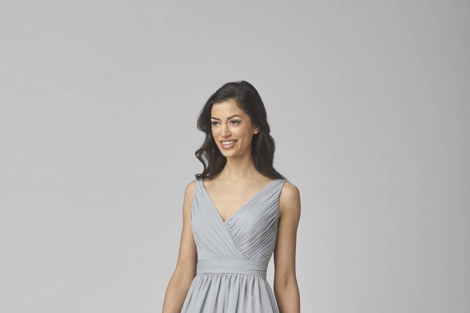 Style Wtoo 901 <br> Chiffon dress with sweetheart neckline, halter neck straps and crisscross back neckline. Featuring shirred features on bodice and full a-line skirt.