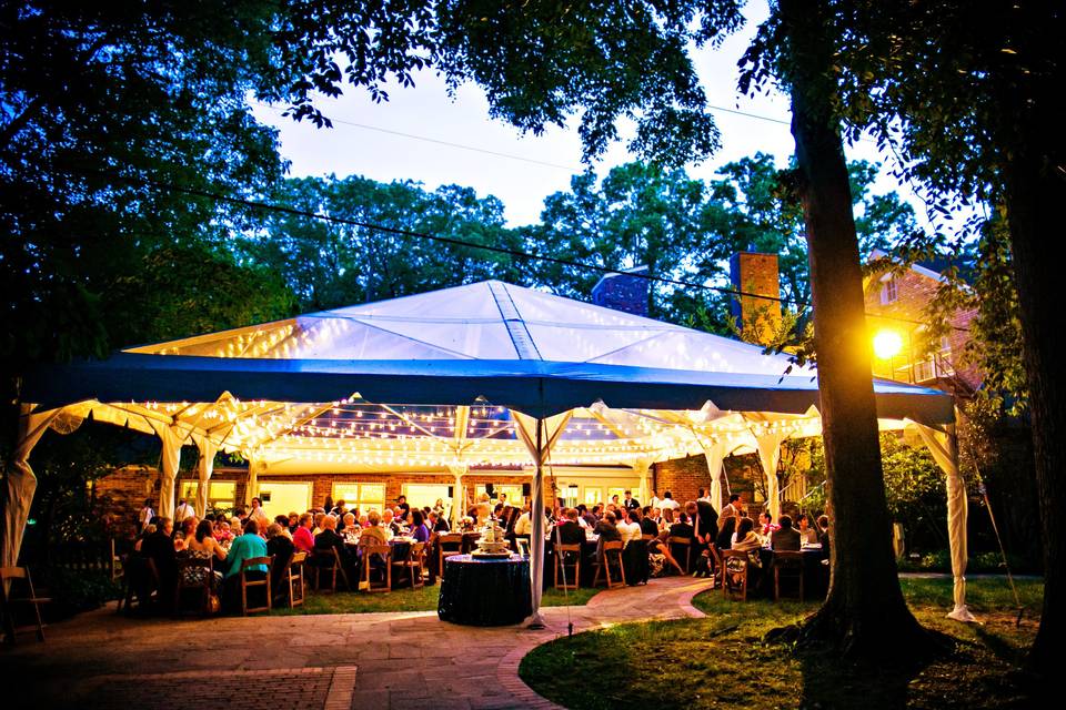 Blue and orange reception tent