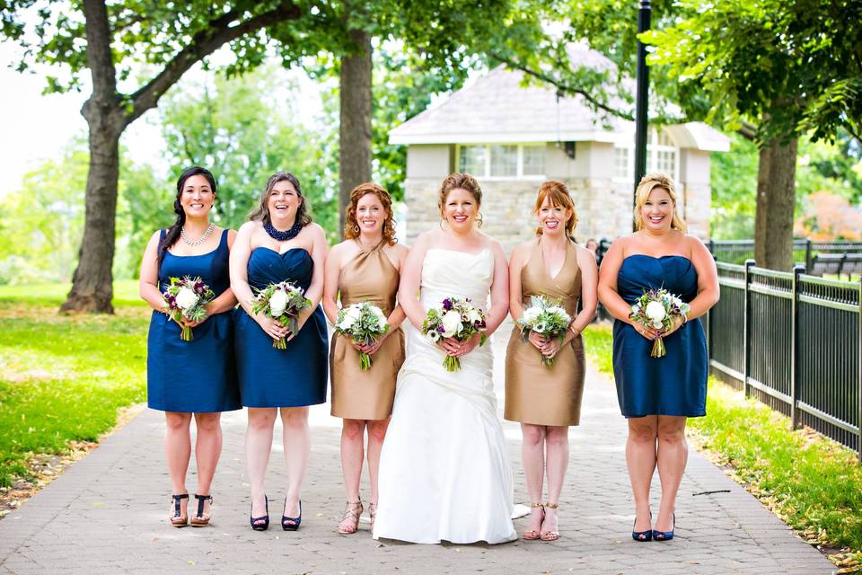 Copper and navy bridesmaids