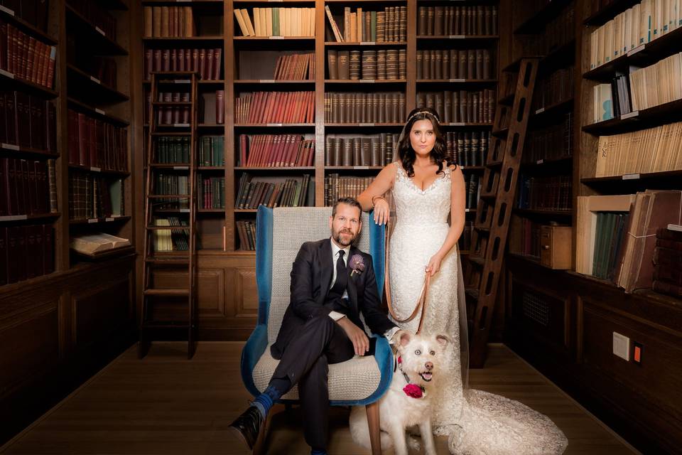 Library portrait with dog