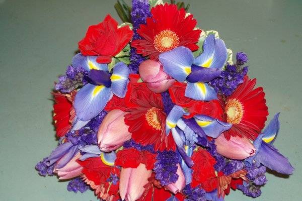 Red gerbera dasies, blue iris, purple status,pink tulips