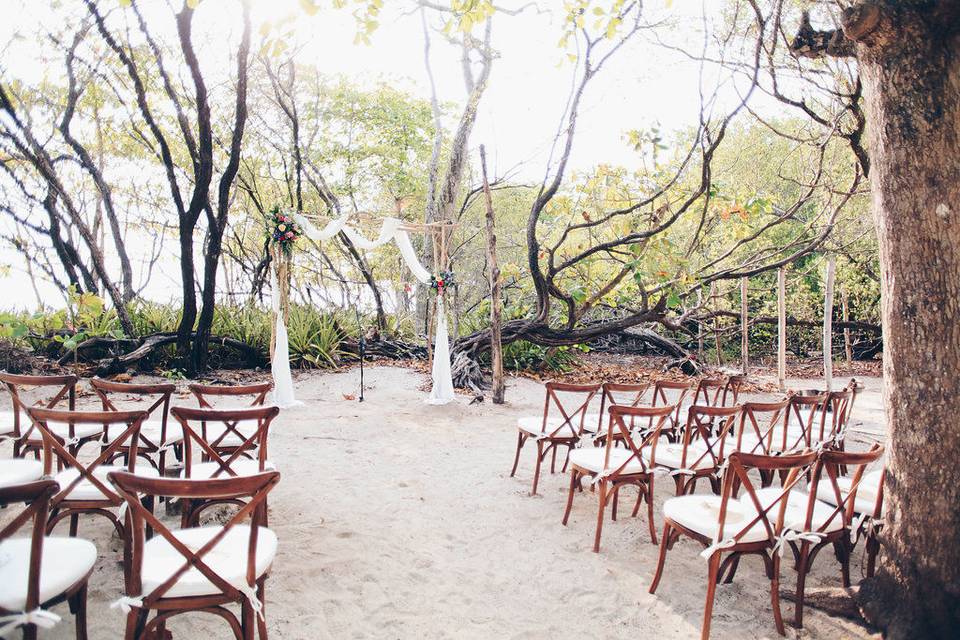 Ceremony decor with X-back chairs, arch decor