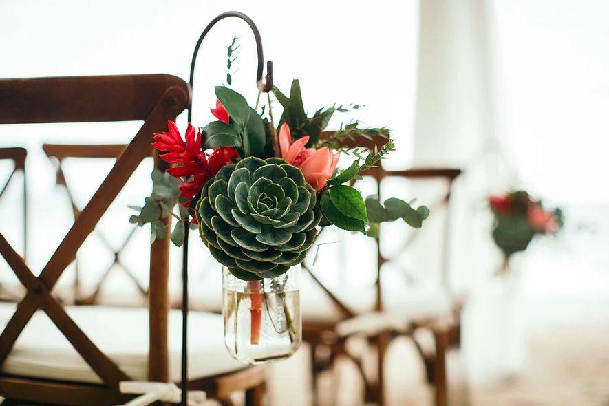 Aisle decor with succulents and ginger flowers