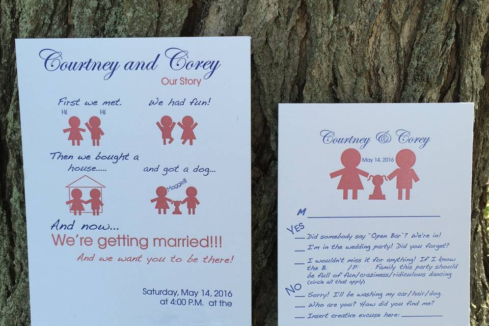 This couple had a great sense of humor and a really cute dog. I loved tying the two together for a super-fun, yet rich design.
(Design, wording, and printing by Jodi of Blue Canary Letterpress )