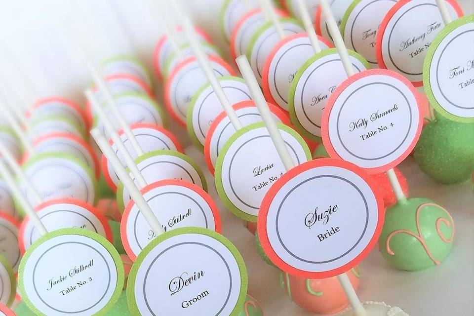 Escort card cake pops