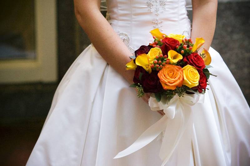 Bridal gown and bouquet