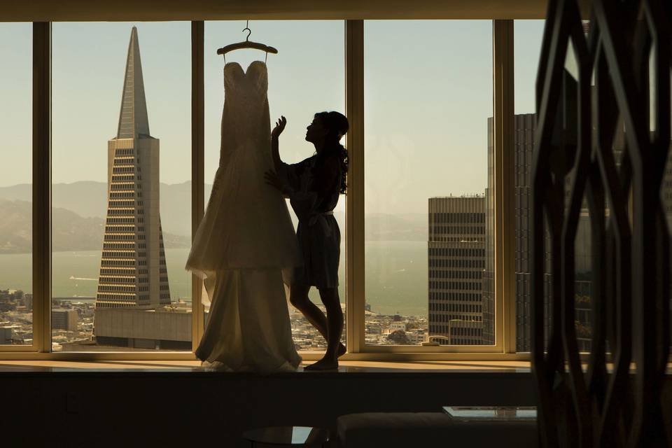 Bride Getting Ready, TransAmerica Building, San Francisco